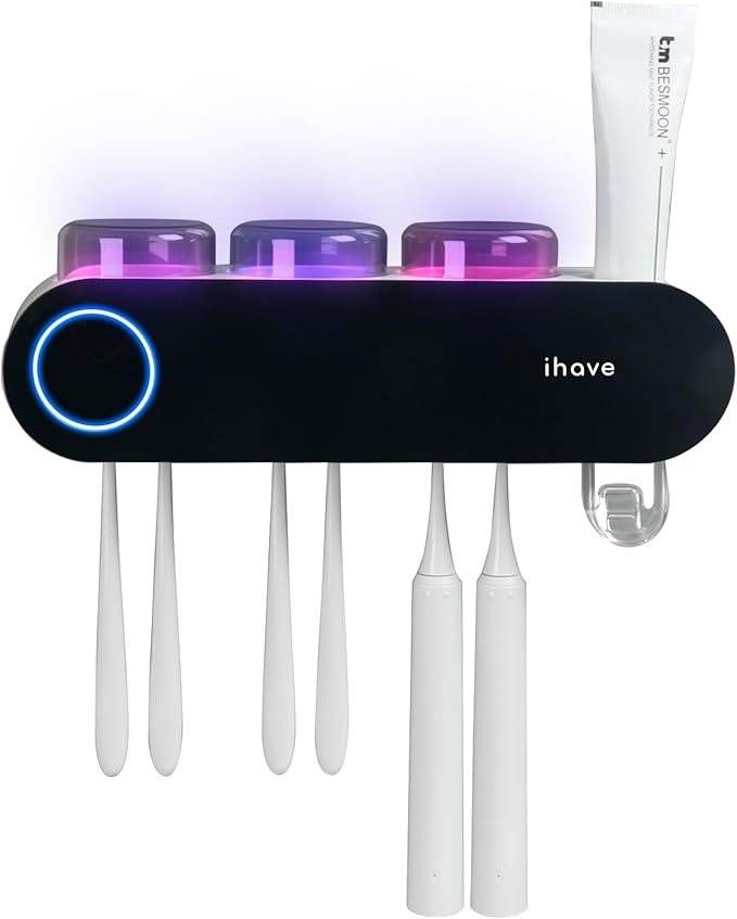 Smart UV Toothbrush Sanitizing Station – Wall-Mounted Holder with Auto Toothpaste System & Cups
