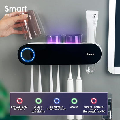 Smart UV Toothbrush Sanitizing Station – Wall-Mounted Holder with Auto Toothpaste System & Cups