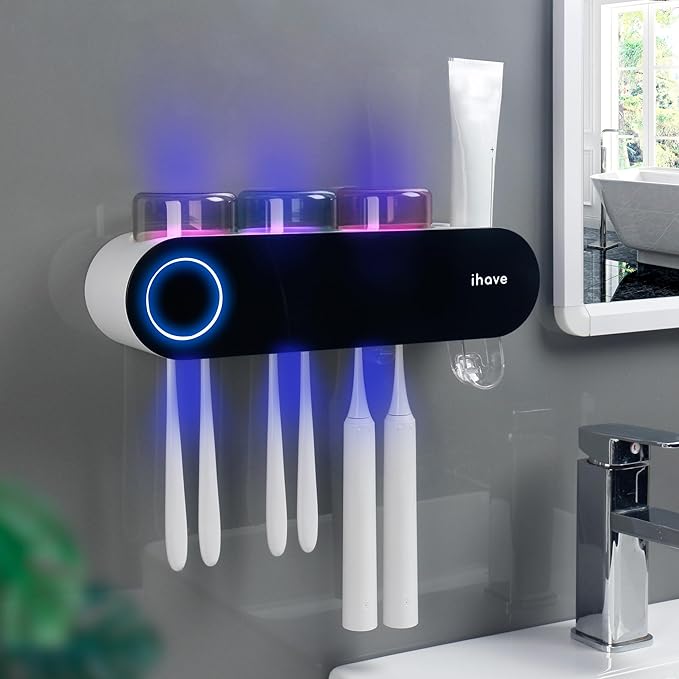 Smart UV Toothbrush Sanitizing Station – Wall-Mounted Holder with Auto Toothpaste System & Cups