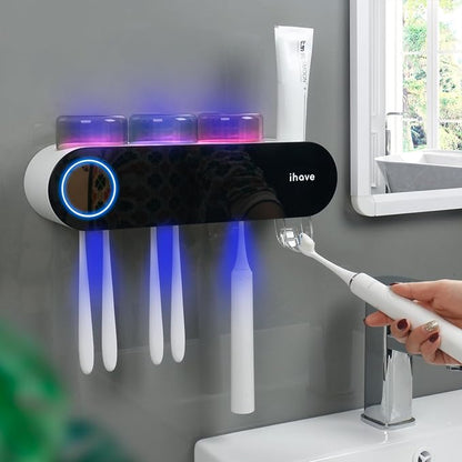 Smart UV Toothbrush Sanitizing Station – Wall-Mounted Holder with Auto Toothpaste System & Cups
